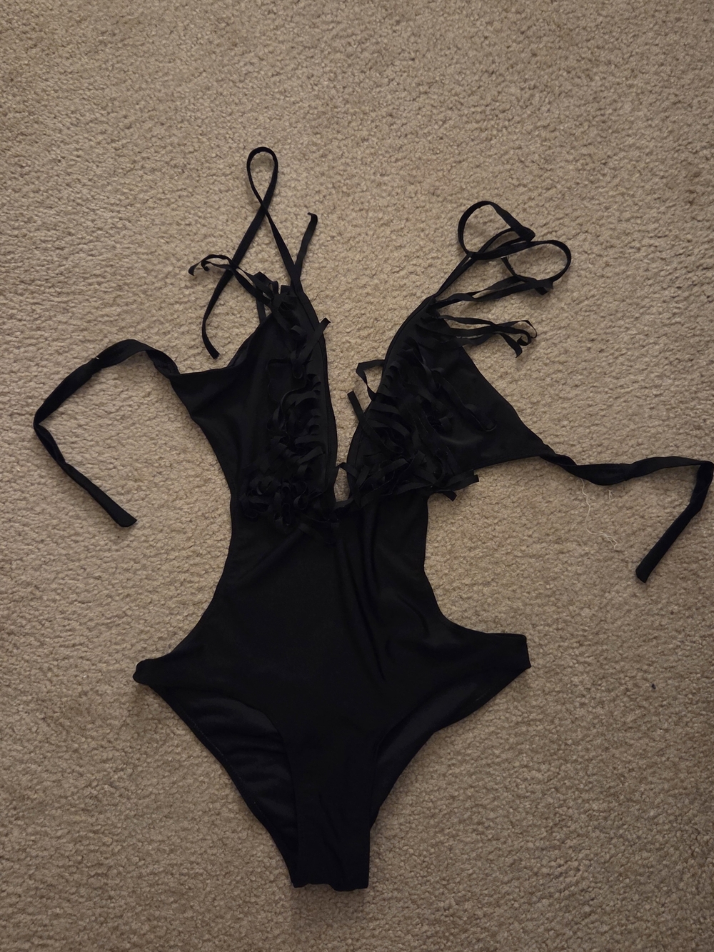 Black Fringe Deep V Neck Monokini